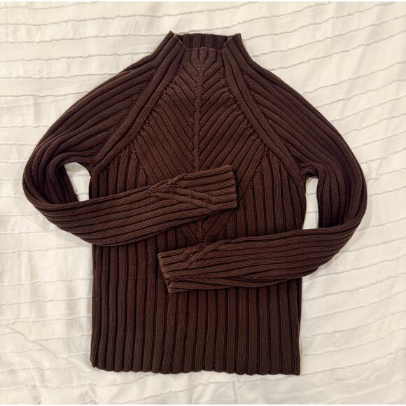 Ribbed Mock Neck Sweater Women's Small Brown Cotton Dark Academia Minimalist - Picture 7 of 16